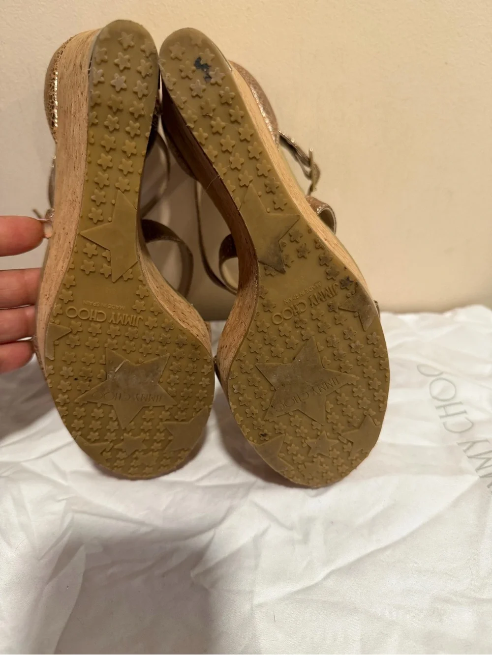 Jimmy Choo Metallic Gold Cork Wedge Sandals